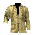 COCOBEE Men's Traditional Cowboy Western Leather Jacket Coat with Fringe Native American Jacket Suede Beaded