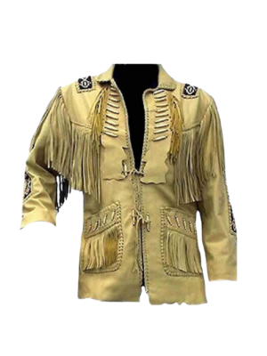 COCOBEE Men's Traditional Cowboy Western Leather Jacket Coat with Fringe Native American Jacket Suede Beaded