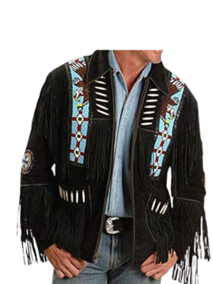 Original Suede Leather Jacket for Mens with Fringe and Beads